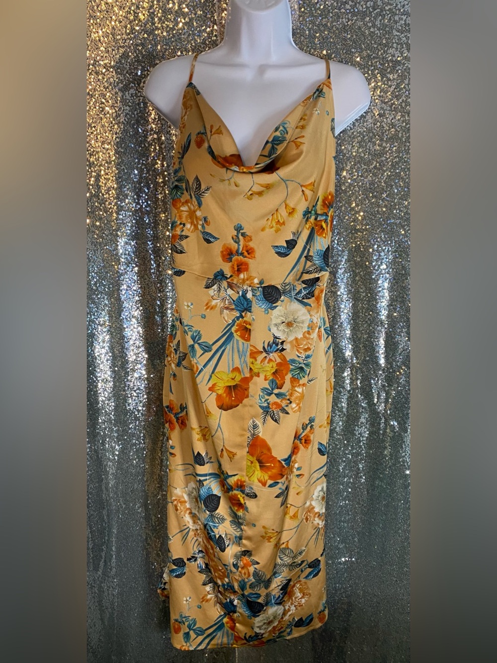 Boohoo Floral Cowl Neck Midi Dress US 12 | Open Back Tie Strappy Boho